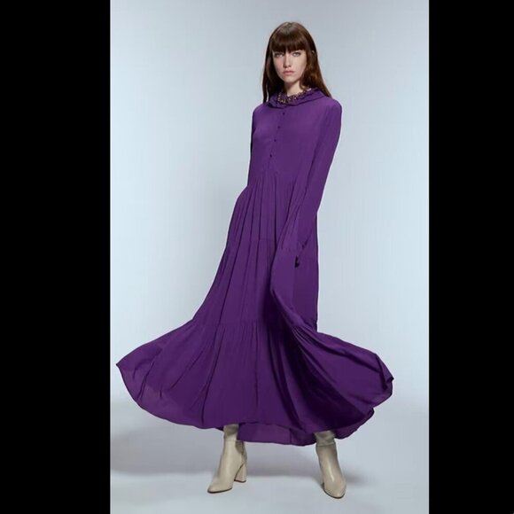 ZARA WOMEN FLOWING PURPLE LONG DRESS WITH RUFFLES SIZE XS NEW WITH TAG! - Picture 4 of 12